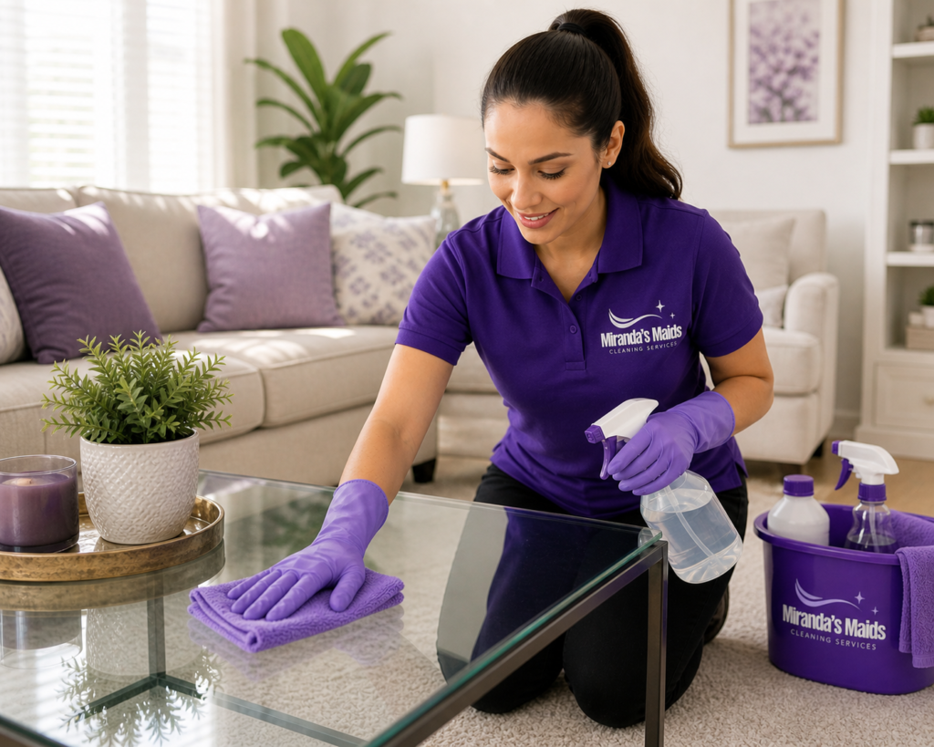 Cleaning Services Specialist in Dallas, TX Wearing a Violet Shirt Cleaning a Glass Table